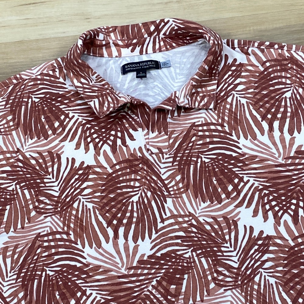 Banana Republic Polo Men L Palm Print Cotton Pique Stretch Brown Tropical Resort